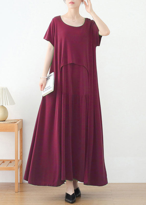 Red O-neck Exra Large Hem Long Dress Short Sleeve
