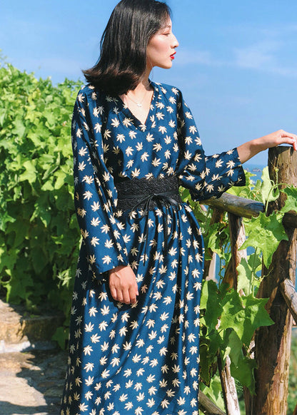 Navy V Neck Print Patchwork Silk Robe Dresses Fall