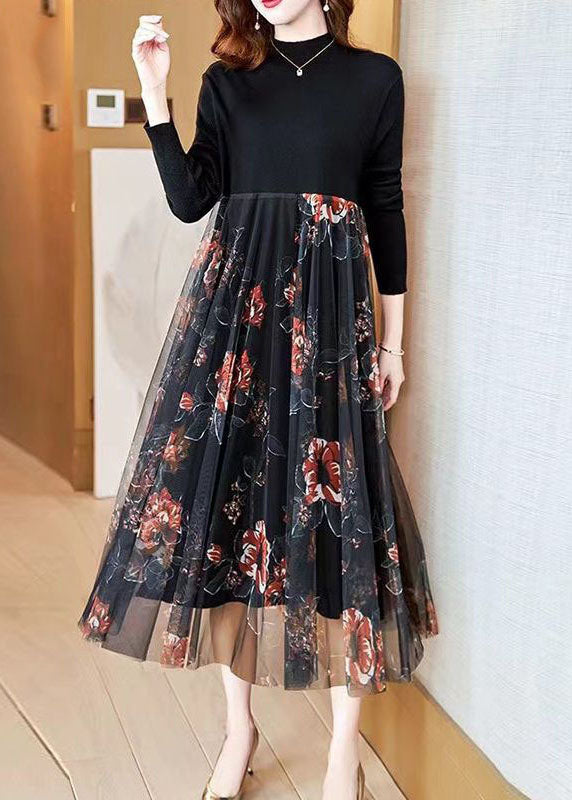 Black Stand Collar Patchwork Tulle Knit Long Dress Spring