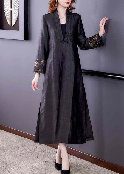 Black V Neck Patchwork Side Open Silk Trench Coats Fall