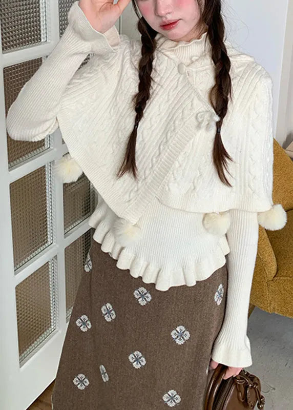 White Ruffled Cotton Knit Cloak and Sweaters Two Pieces Set Flare Sleeve