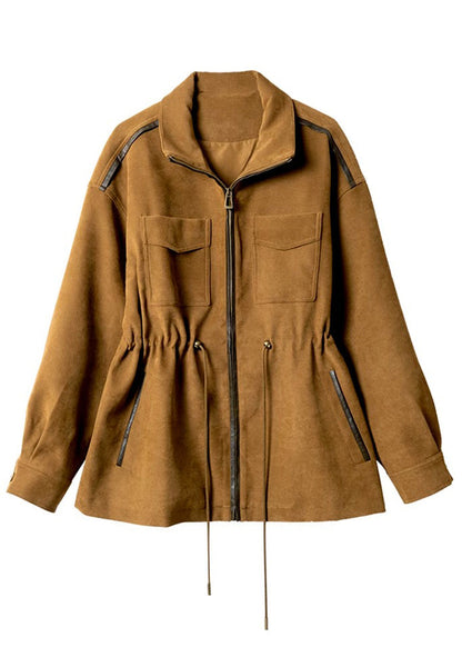 Natural Khaki Drawstring Zippered Coats Spring