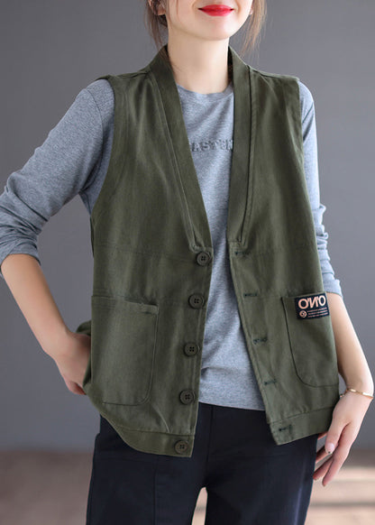 Loose Orange V Neck Button Pockets Cotton Waistcoat Sleeveless