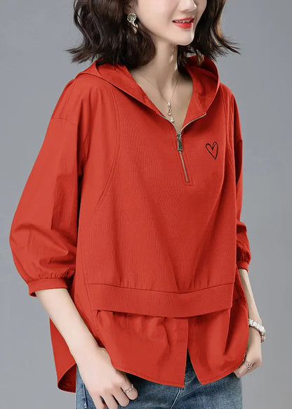 Loose Yellow Hooded Zippered Patchwork Cotton Tops Summer