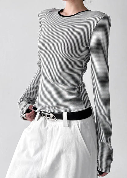 Stylish White O Neck Striped Hollow Out Cotton T Shirt Tops Fall