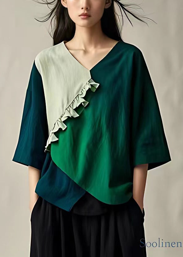 Beige V Neck Ruffled Cotton Tops Bracelet Sleeve