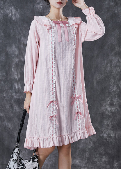 Fitted Pink Ruffled Patchwork Bow Cotton Long Dress Spring