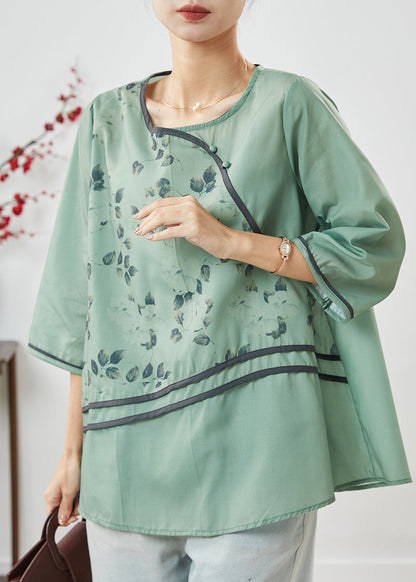Green O-neck Print Linen Shirt Top Half Sleeve