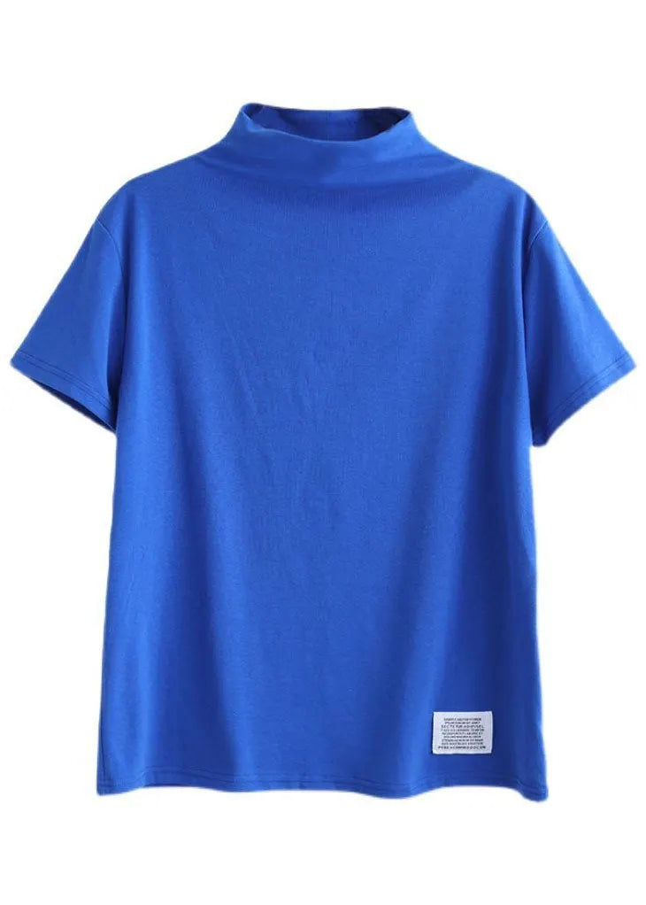 Blue Hign Neck Patchwork Cotton Top Half Sleeve