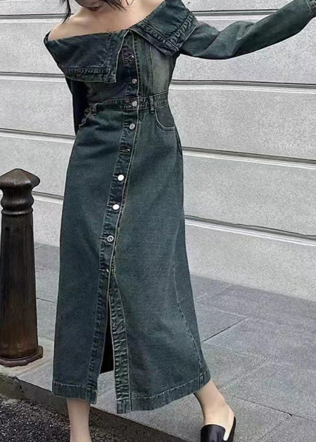 Blue Slash Neck Patchwork Side Open Denim Long Dresse Puff Sleeve Spring