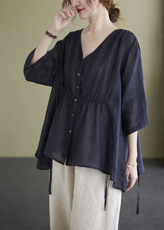 Navy Loose Button Tie Waist Asymmetrical Design Fall Three Quarter Sleeve Shirt Top