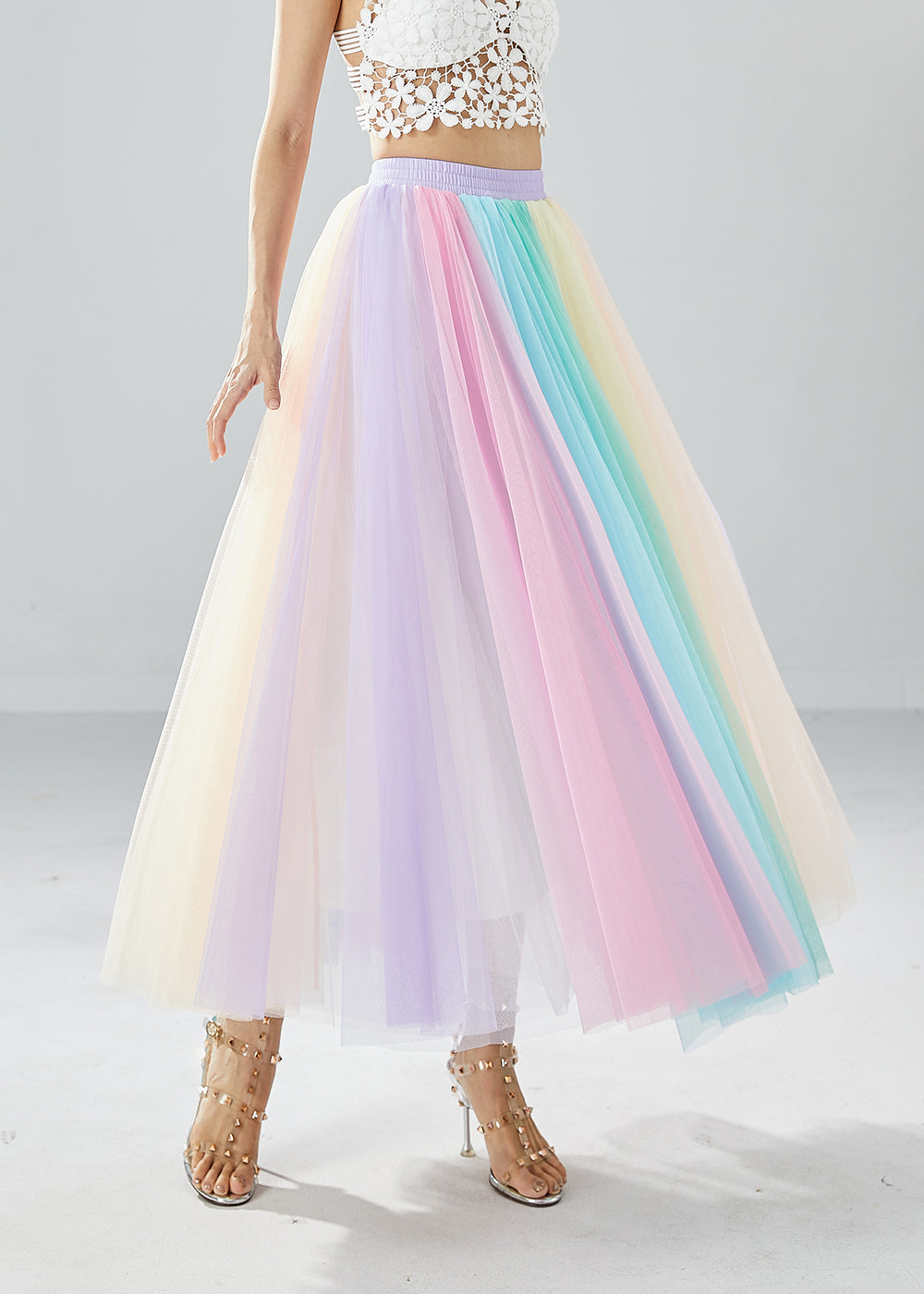 Rainbow Elastic Waist Exra Large Hem Tulle Pleated Skirts Summer
