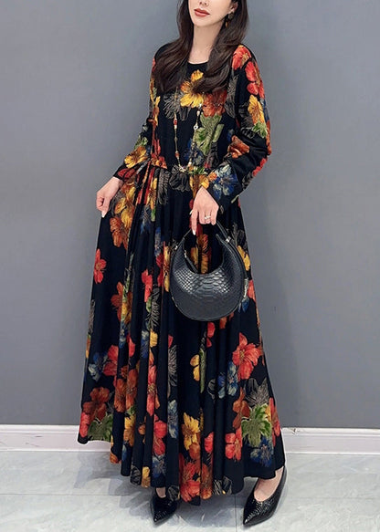 Unique O Neck Wrinkled Patchwork Cotton Long Dress Fall