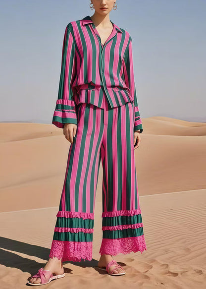 Multicolour Striped Patchwork Lace Two Piece Suit Set Spring