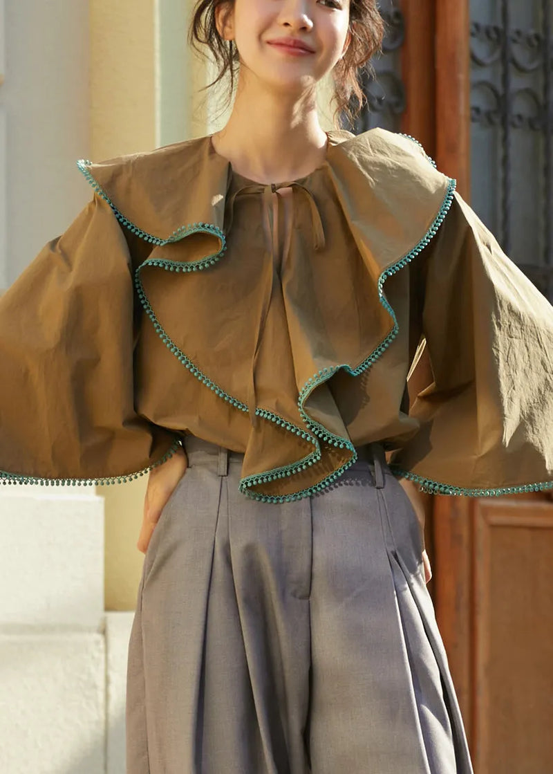 Khaki V Neck Ruffled Patchwork Cotton Shirts Fall
