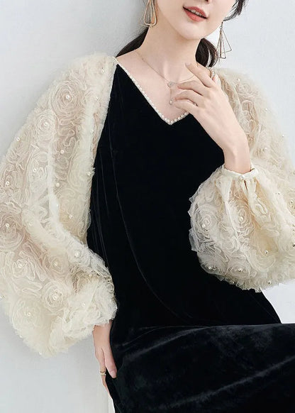 Handmade Black V Neck Nail Bead Patchwork Velour Dress Fall