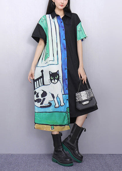 Natural Asymmetrical Peter Pan Collar Print Cotton Maxi Dresses Summer