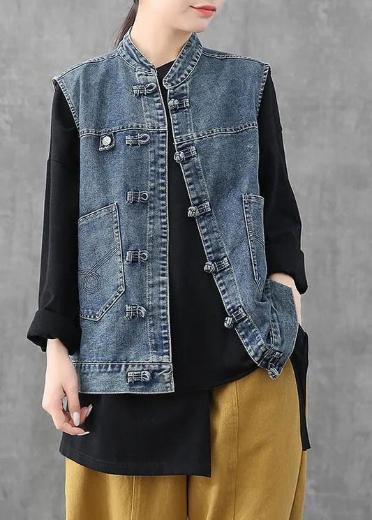 Retro Light Blue O-neck Patchwork Button Pockets Cotton Denim Waistcoat Sleeveless