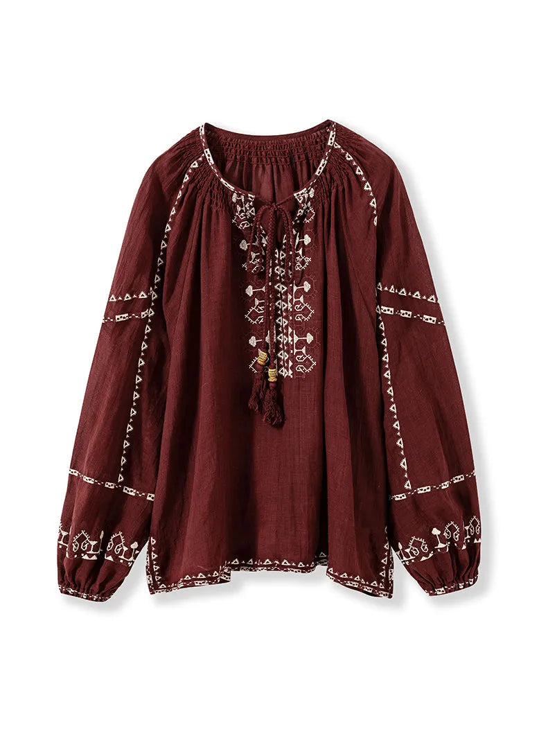 Mulberry Embroidered Patchwork Cotton Blouse Top Lantern Sleeve