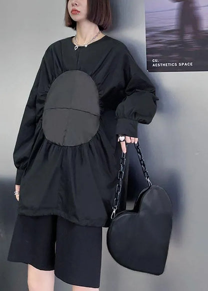 Boutique Black O-neck Patchwork Button Fall Long Sleeve Blouse Top