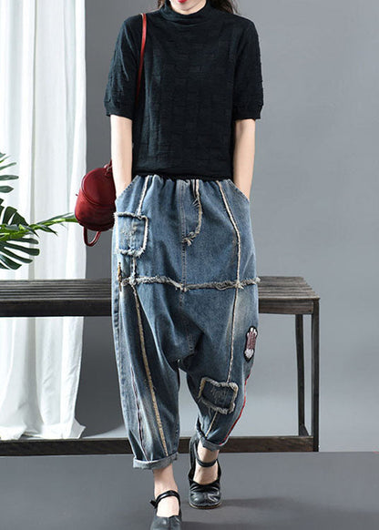 Fitted Denim Blue Patchwork Print Fall Pants