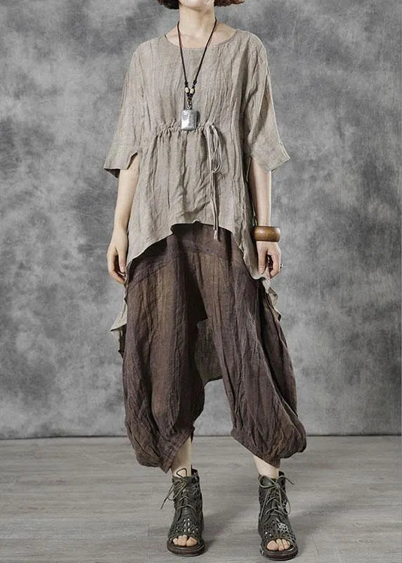 Khaki O-neck Asymmetrical Design Fall Half Sleeve Tops