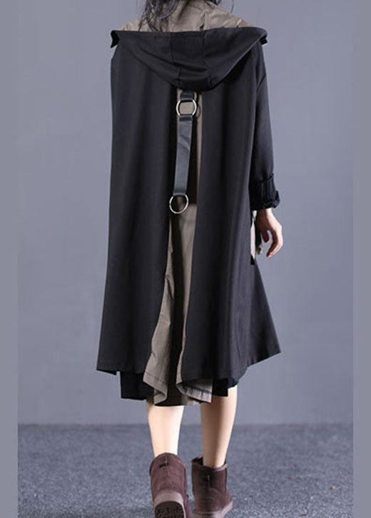 Black Hooded Patchwork Cotton Coat Spring
