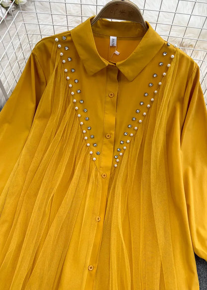 Yellow Peter Pan Collar Patchwork Button Tulle Shirts Long Sleeve