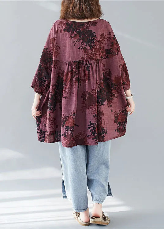 Modern Mulberry V Neck Patchwork Print Fall Tops Three Quarter Sleeve