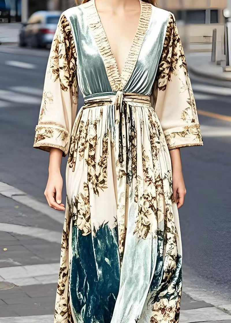 Apricot Print Exra Large Hem Silk Velour Vacation Dresses Spring