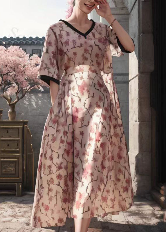Apricot Print Patchwork Silk Long Dresses Summer