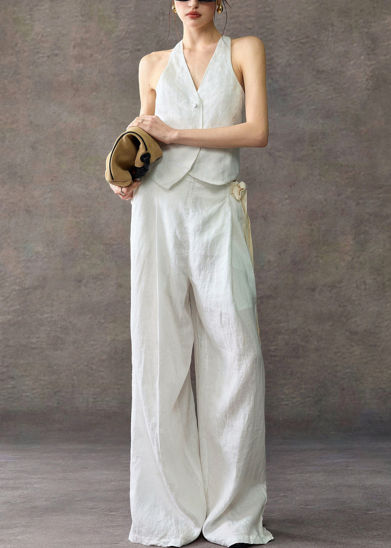 Stylish White V Neck Waistcoat and Wide Leg Pants Linen Two Piece Set Sleeveless