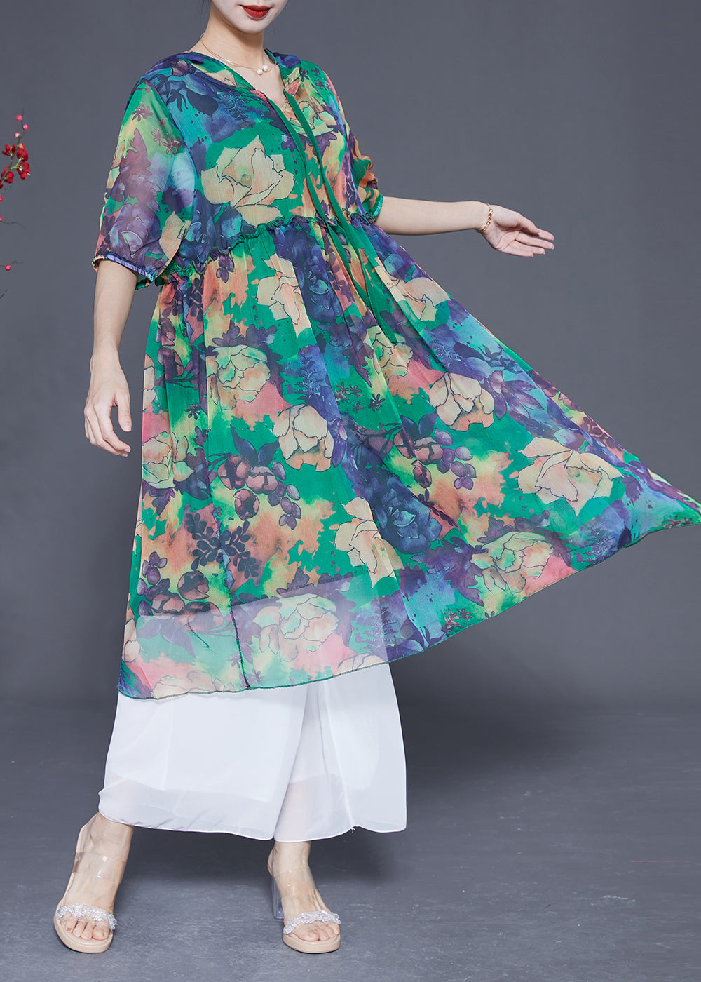 Green Hooded Ruffled Print Chiffon Dress Summer
