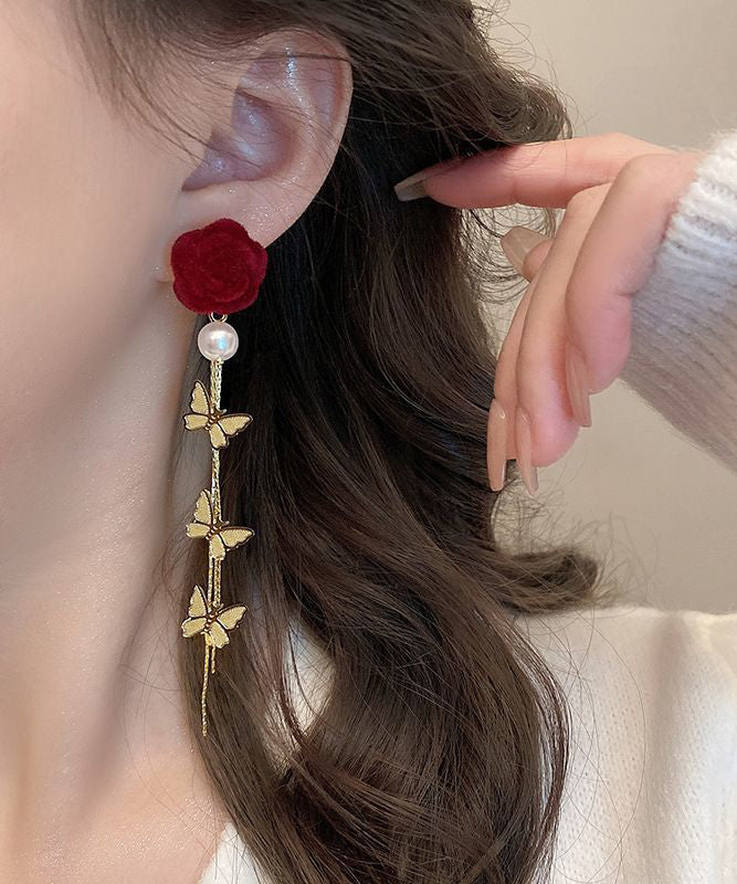 Stylish Mulberry Sterling Silver Alloy Flocking Pearl Butterfly Drop Earrings