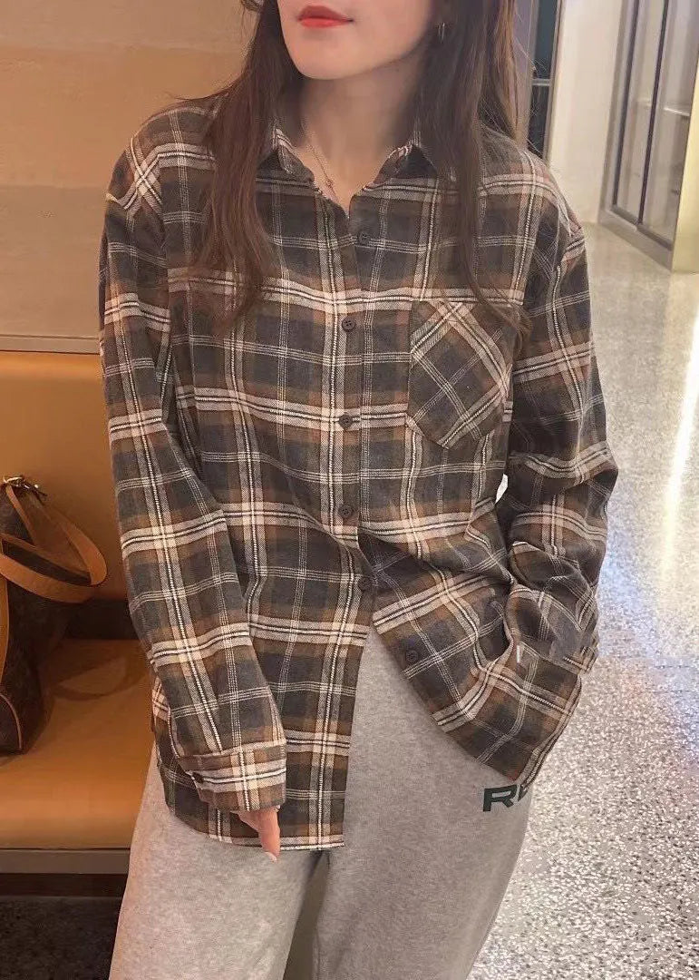 Boutique Red Button Peter Pan Collar Plaid Blouses Spring