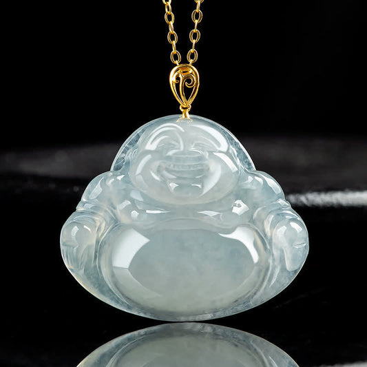 Buddha Stones Laughing Buddha Natural Jade Abundance Titanium Steel Chain Necklace Pendant