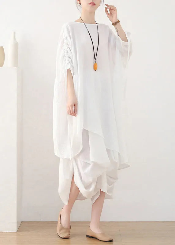 White O-neck Drawstring Cotton Pullover Tops Summer