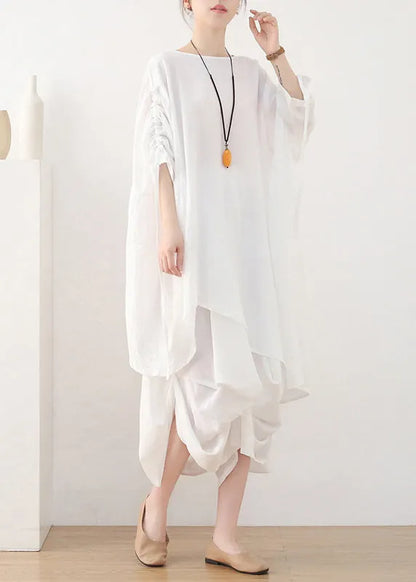 White O-neck Drawstring Cotton Pullover Tops Summer