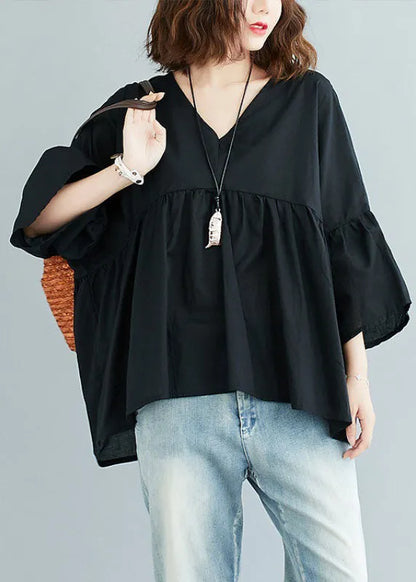 Green Feather V Neck Patchwork Asymmetrical Design Fall Top Three Quarter Sleeve