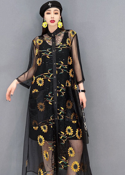 Black Hollow Out Print Tulle Upf 50+ Long Shirt Dress Summer