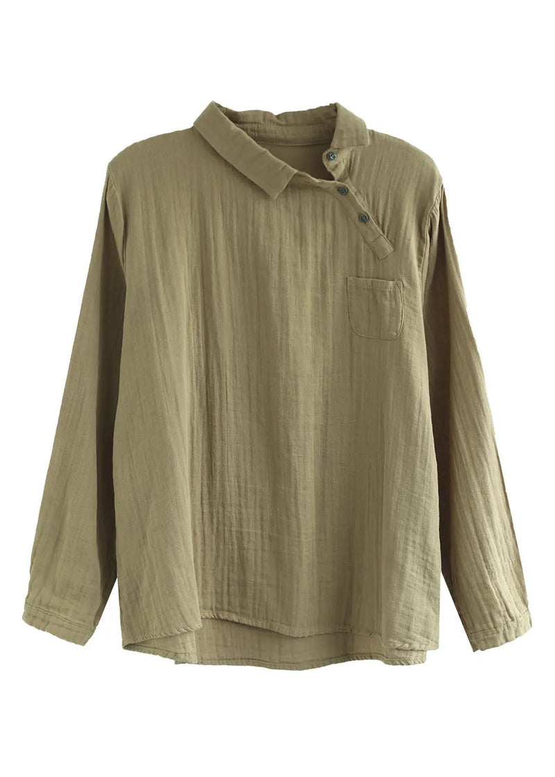 Khaki Button Peter Pan Collar Asymmetrical Design Cotton Tops Long Sleeve