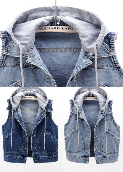 Light Blue Patchwork Pockets Hooded Denim Waistcoat Sleeveless