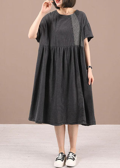 Black Patchwork Cinched Denim Ankle Dress Summer