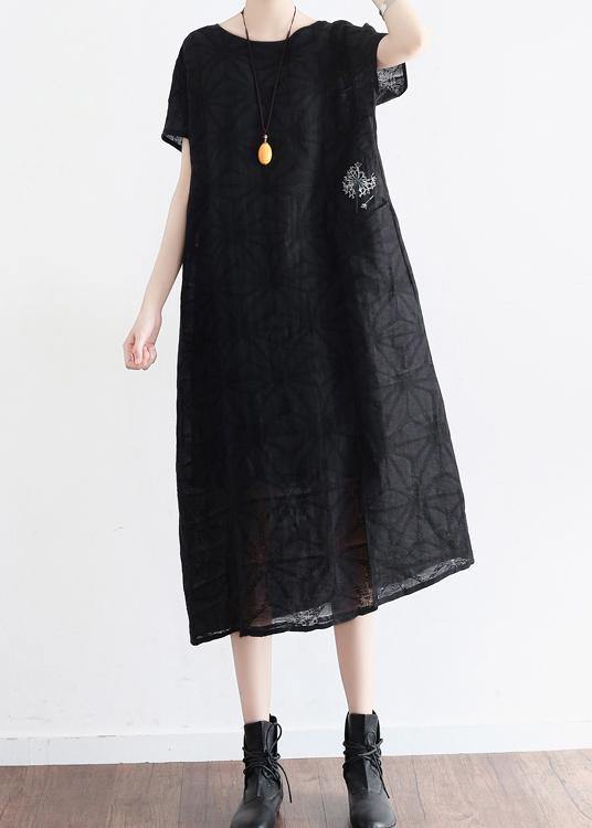 Summer Black Cotton Hemp Embroidered Oversized Dress
