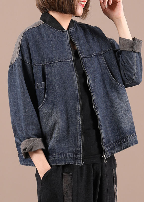 Blue Denim Zippered Pockets Fall Coat Long Sleeve