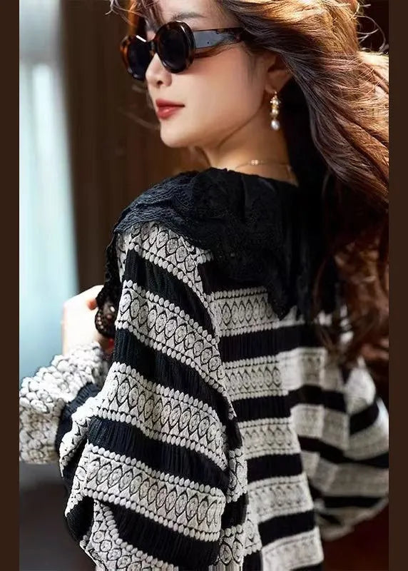 Black Striped Lace Patchwork Knit Blouse Tops Spring