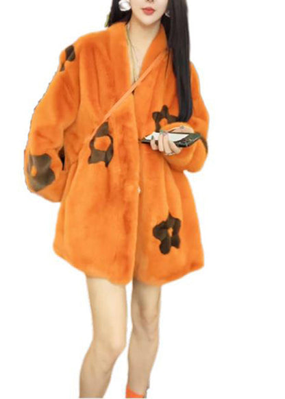 Loose Orange V Neck Pockets Mink Hair Jackets Winter