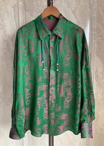 Green Peter Pan Collar Print Patchwork Silk Shirt Fall