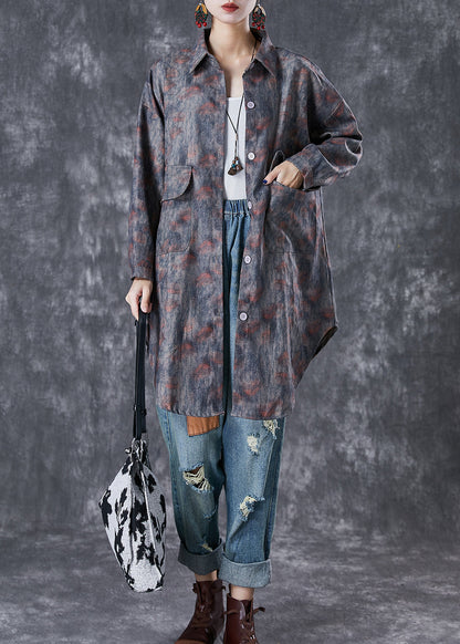 Grey Oversized Tie Dye Pockets Cotton Jackets Fall
