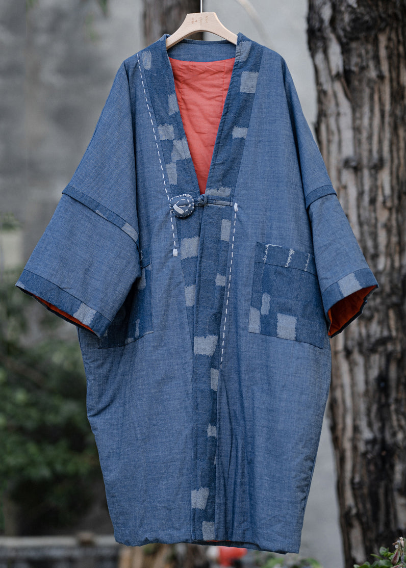 Blue Button Pockets Patchwork Thin Cotton Coat Fall